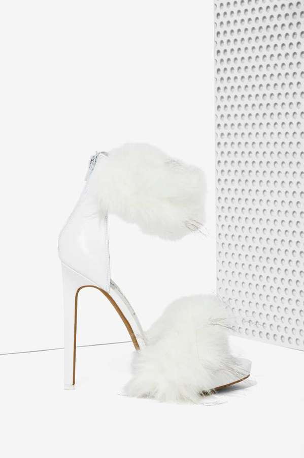 white faux fur sandals