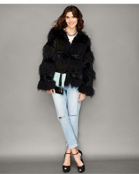 The Fur Vault Rabbit Trim Knitted Lamb Fur Jacket