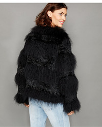 The Fur Vault Rabbit Trim Knitted Lamb Fur Jacket