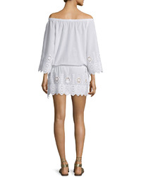 Miguelina Gabriela Geometric Embroidered Off The Shoulder Dress Pure White