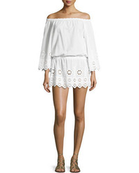 Miguelina Gabriela Geometric Embroidered Off The Shoulder Dress Pure White