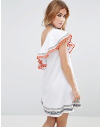 Asos One Shoulder Sundress With Geo Tribal Trims And Pom Poms