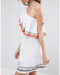 Asos One Shoulder Sundress With Geo Tribal Trims And Pom Poms