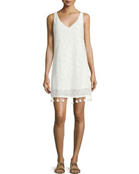 Neiman Marcus Pompom Trim V Neck Lace Dress White