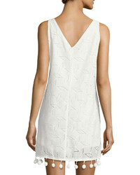 Neiman Marcus Pompom Trim V Neck Lace Dress White