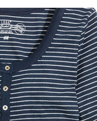 H&M Short Sleeved Henley Shirt Dark Bluestriped