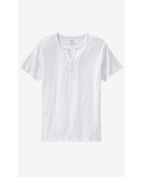 White Slub Knit Graphic Henley T Shirt