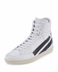 Saint Laurent Contrast Stripe Leather High Top Sneaker Whiteblack