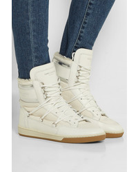 Saint Laurent Faux Shearling Lined Leather And Shell High Top Sneakers White