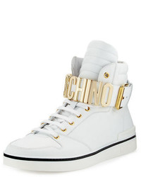 Moschino Leather High Top Sneaker Wlogo Lettering