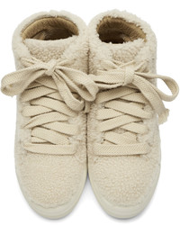 Helmut Lang Off White Shearling Stitched High Top Sneakers