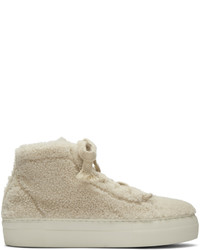 Helmut Lang Off White Shearling Stitched High Top Sneakers