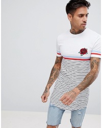 ASOS DESIGN Muscle Fit Super Longline Stripe T Shirt With Rose Embroidery And Curved Hem