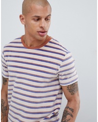 ASOS DESIGN Velour Stripe T Shirt With Contrast Rib In Off White