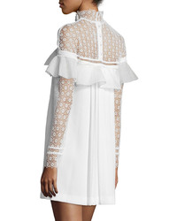 Self-Portrait Long Sleeve Lace Trim Crepe Mini Dress White