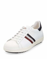 White Horizontal Striped Leather Low Top Sneakers