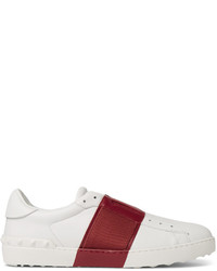 White Horizontal Striped Leather Slip-on Sneakers