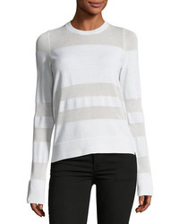 White Horizontal Striped Mesh Crew-neck Sweater