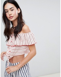 Miss Selfridge Off The Shoulder Top With Button Front Detail In Red Stripe