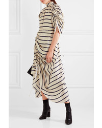 Preen by Thornton Bregazzi Hope Ruched Striped Washed Silk Midi Dress Ivory
