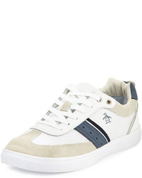 White Horizontal Striped Suede Low Top Sneakers