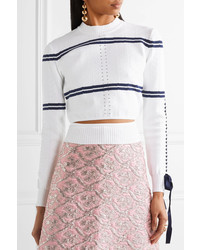 Fendi Cutout Faille Trimmed Striped Pointelle Knit Sweater White