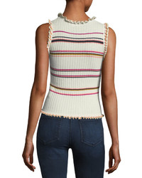 Rebecca Taylor Sleeveless Ruffled Striped Rib Knit Tank