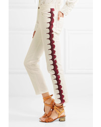 Chloé Cropped Embroidered High Rise Straight Leg Jeans White