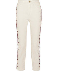 Chloé Cropped Embroidered High Rise Straight Leg Jeans White