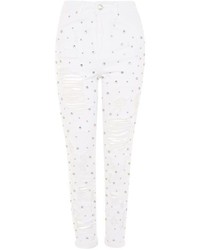 Topshop Moto Limited Edition White Gemstone Super Rip Mom Jeans