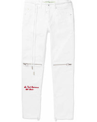 Off-White Slim Fit Zip Detailed Embroidered Denim Jeans