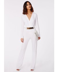 Missguided Deliana Long Sleeved Wrap Wide Leg Jumpsuit White