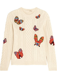 Valentino Embroidered Cable Knit Alpaca And Yak Blend Sweater Ivory