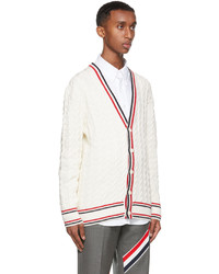 Thom Browne White Heritage Cable Rwb Stripe Relaxed Fit Cardigan