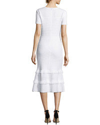 St. John Collection Illusion Grid Knit Short Sleeve Midi Dress White