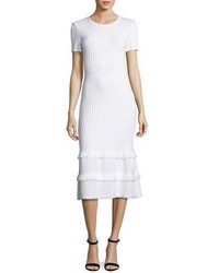 St. John Collection Illusion Grid Knit Short Sleeve Midi Dress White