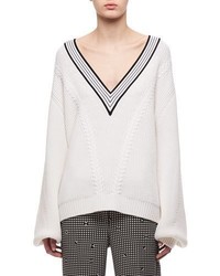 Carven V Neck Merino Wool Cable Knit Sweater