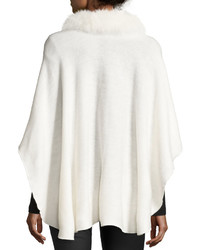 Adrienne Landau Fox Fur Trim Knit Poncho Ivory