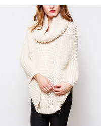 White Cable Knit Cowl Neck Poncho