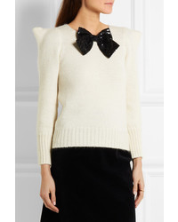 Saint Laurent Sequin Bow Embellished Knitted Sweater Ivory