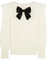 Saint Laurent Sequin Bow Embellished Knitted Sweater Ivory