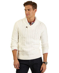 White Knit Shawl-Neck Sweater