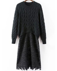 Contrast Lace Cable Knit Black Sweater Dress