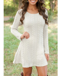 Crew Neck Cable Knit White Sweater Dress