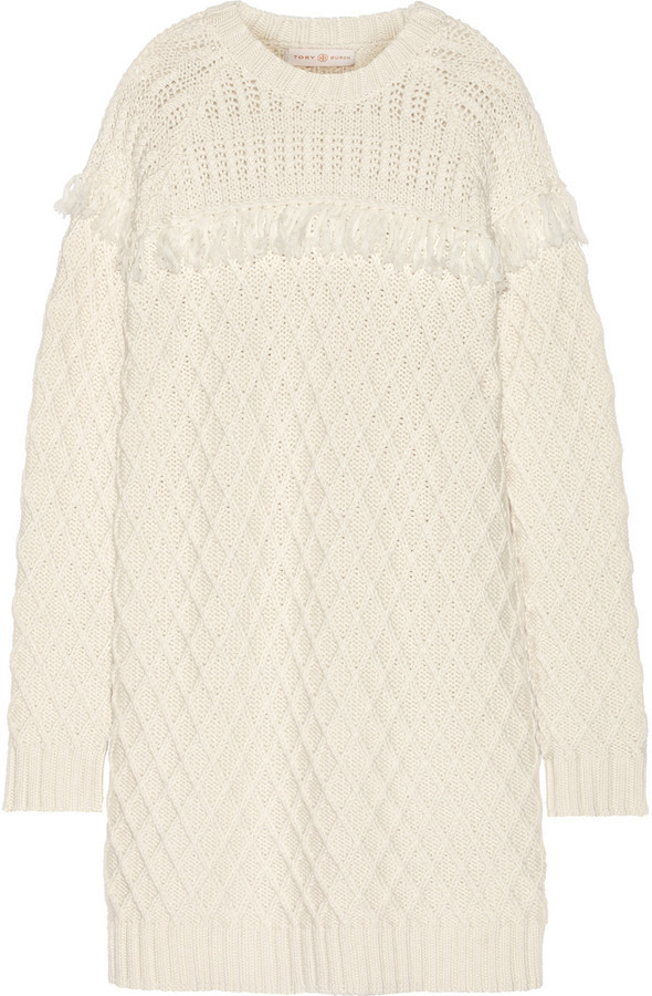 Tory Burch Fringed Cable Knit Wool Sweater Dress, $695  |  Lookastic