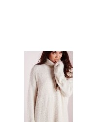 Missguided Fluffy Roll Neck Sweater Dress Off White