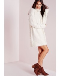 Missguided Fluffy Roll Neck Sweater Dress Off White