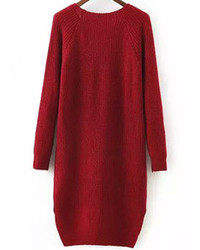 Raglan Sleeve Dip Hem Split Side Burgundy Sweater Dress With Pockets