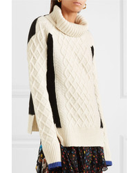 Preen Line Ellise Color Block Cable Knit Wool Blend Turtleneck Sweater Ivory