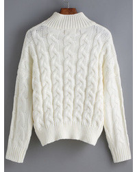 High Neck Cable Knit White Sweater